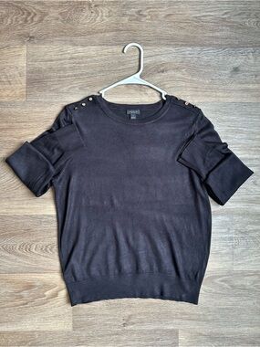Ann Taylor Factory Black Short Sleeve Sweater Gold Shoulder Button Knit‎ Top M